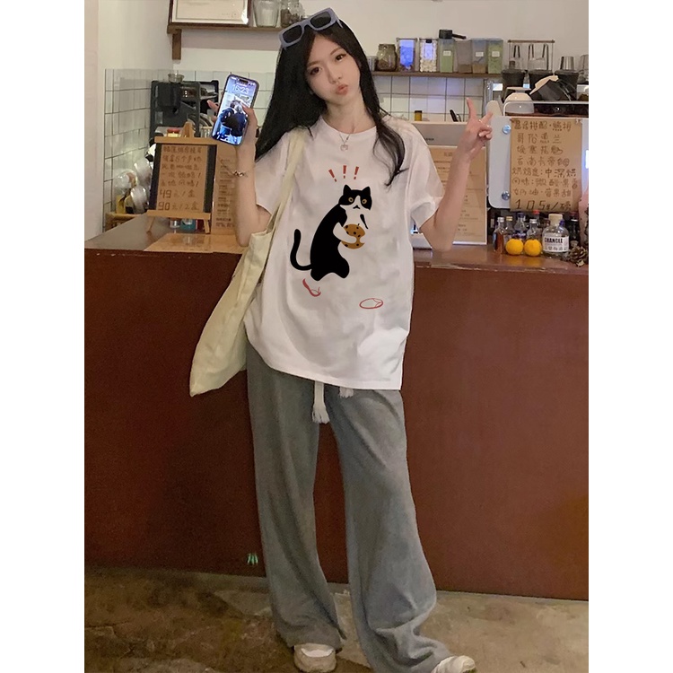 XIAOZHAINV Kaos Atasan Wanita Cat Lost Shoes Pattern Lengan Pendek A0295