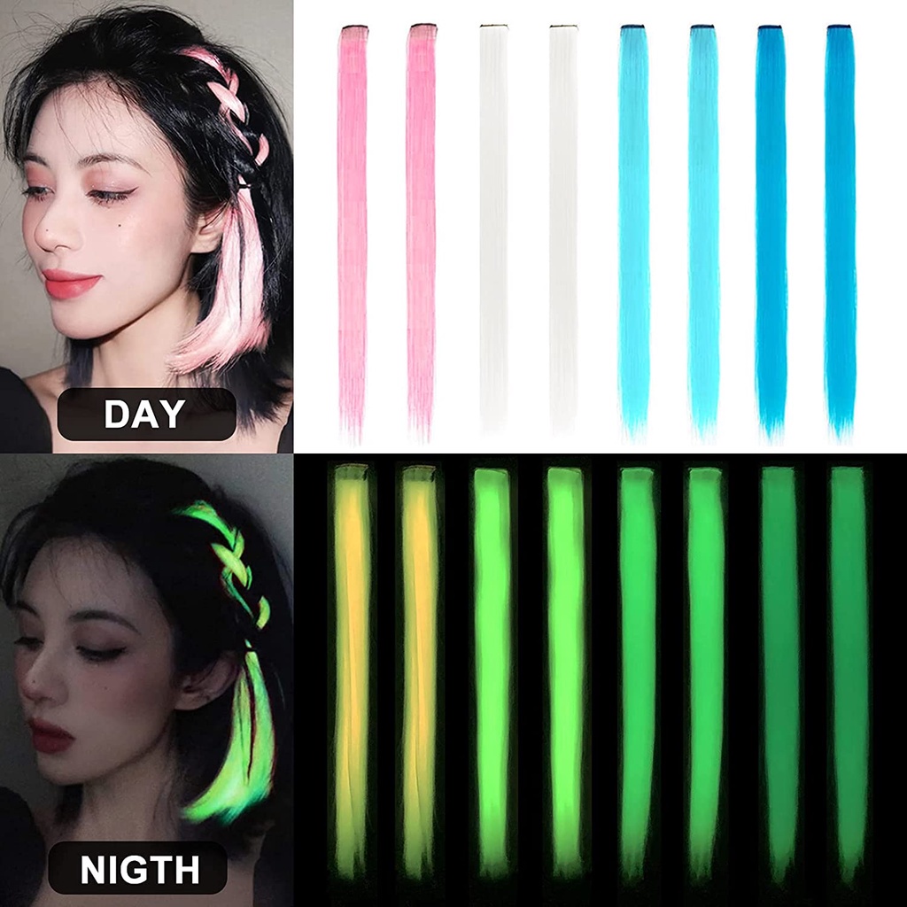 Rambut palsu hair clip glow in the dark panjang pendek sambung wanita untuk anak cewek remaja dewasa perempuan extension warna warni rainbow yang cantik