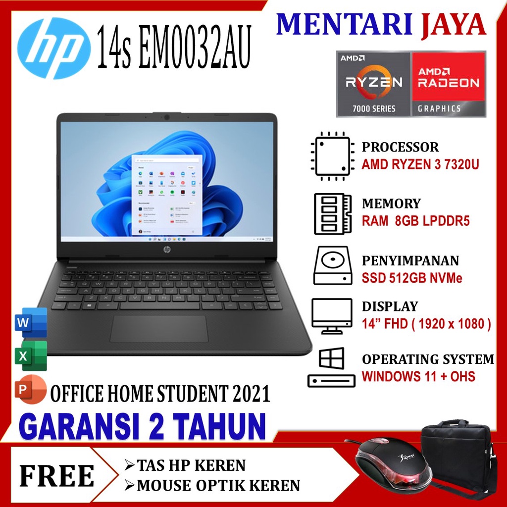 LAPTOP BARU HP 14S EM0032AU AMD RYZEN 3 7320 8GB 512SSD RADEON 14 FHD WIN11+OHS