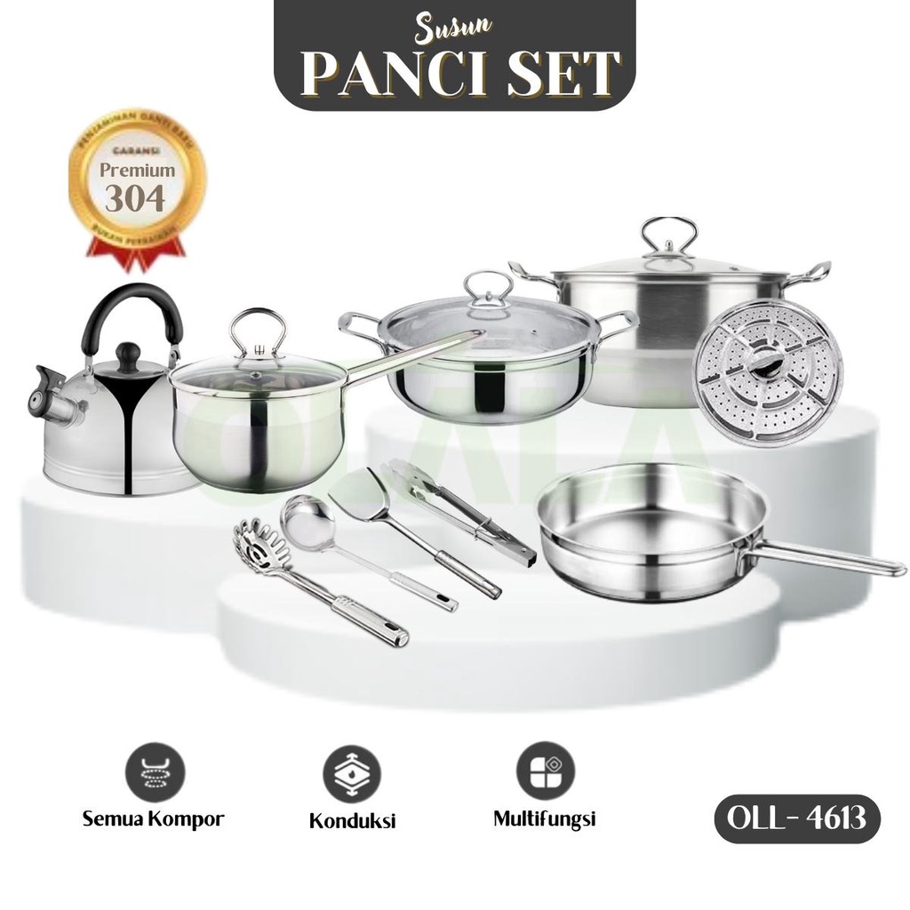 PANCI 1 SET LENGKAP 13PCS HIGH QUALITY STAINLESS STEEL COOKWARE SET MULTIFUNGSI OLL-CH4613