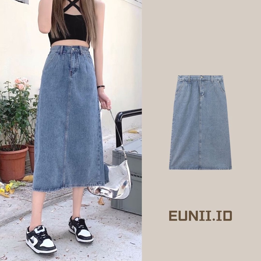 EUNII Korean Style A-line Skirt Midi Slit Rok Denim Panjang Wanita High Waist Skirt