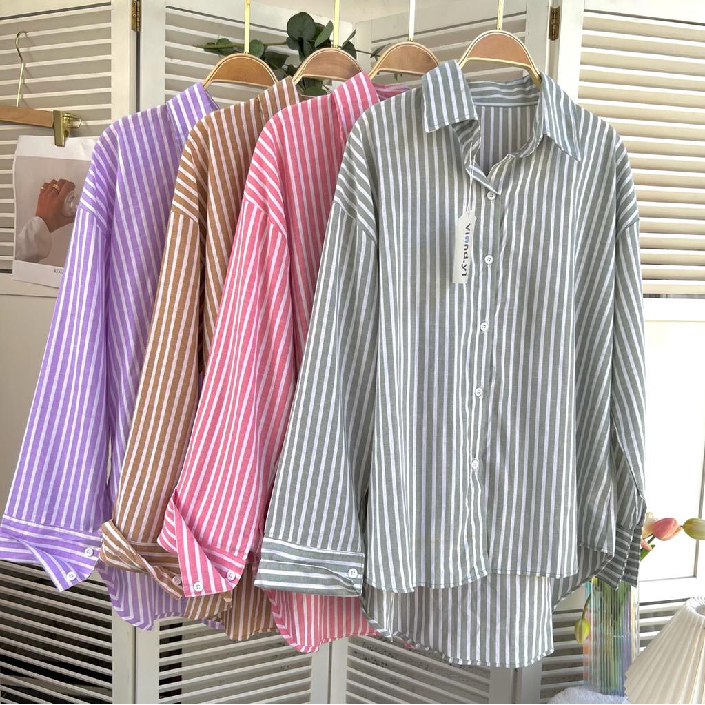 Kemeja Salur Wanita Oversize / Kemeja Korea Salur / Atasan Korean Style