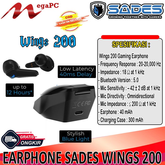 Gaming Sades Earphone True Wireless Wings200 Low Latency