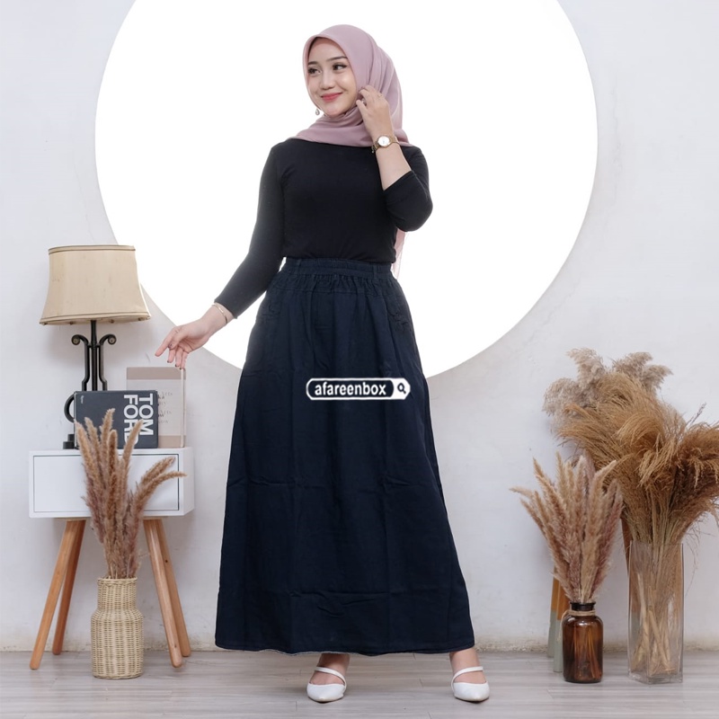 AFAREEN - Rok Jeans Panjang Wanita Line A Umbrella Mayung Span Denim Rok Jeans Motif Polos Pinggang Karet Kolor