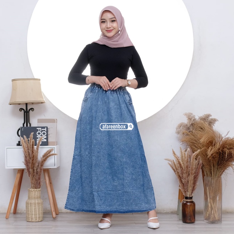 AFAREEN - Rok Jeans Panjang Wanita Line A Umbrella Mayung Span Denim Rok Jeans Motif Polos Pinggang Karet Kolor