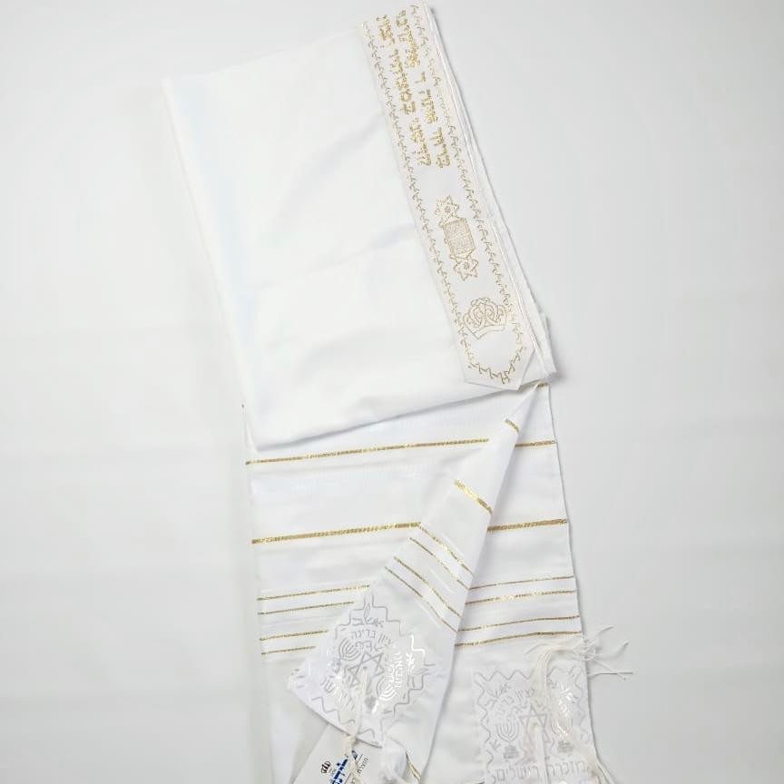 Selendang Doa WHITE-GOLD Acrylic Tallit 60x180cm by Israel (Kosher)