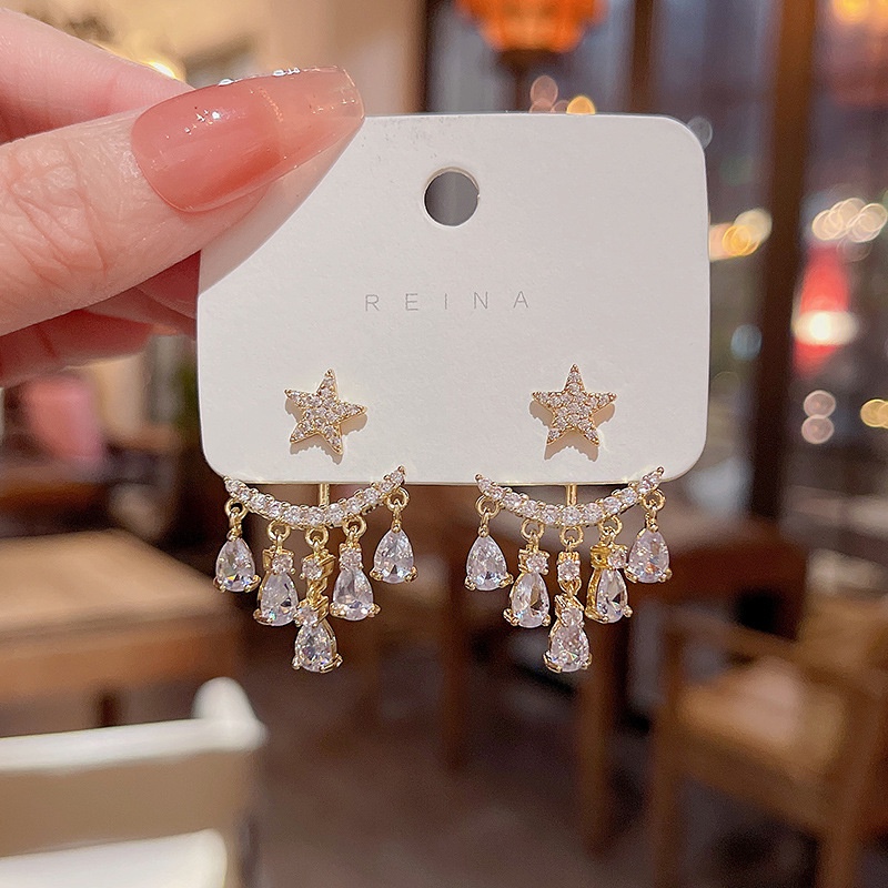 Kualitas Tinggi925 Perak Jarum Mewah Bintang Zirkon Rumbai Anting Wanita Belakang Gantung Earring