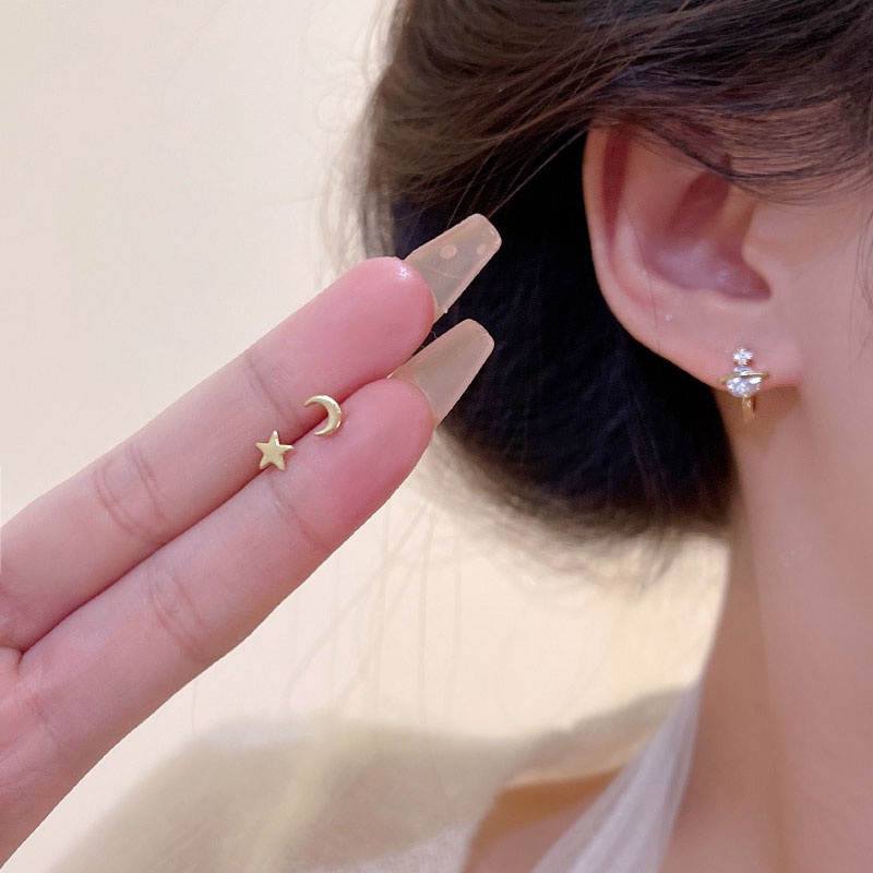 925 Perak Jarum Indah Zirkon Bulan Bintang Anting Set Fashion Wanita Perhiasan