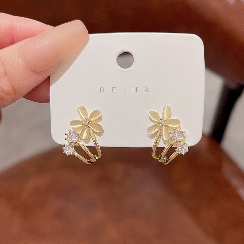 925jarum Perak Mewah Opal Bunga Anting Fashion Zirkon Stud Earrings