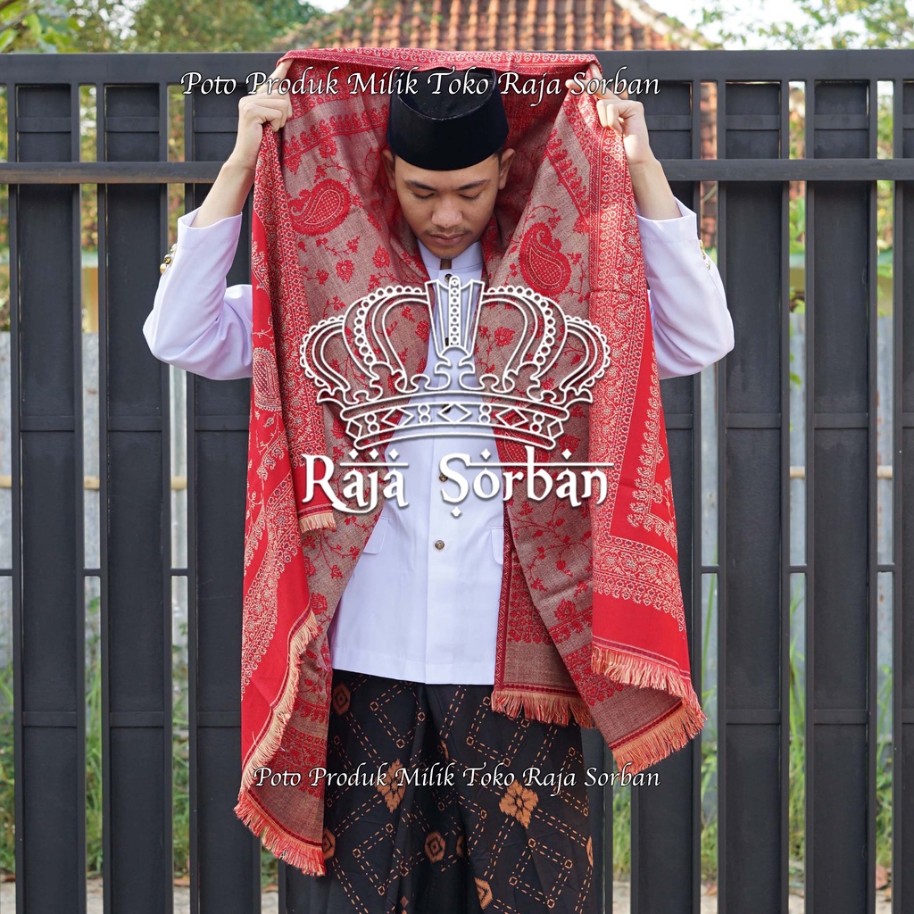 Sorban Kashmiri Almasin Merah Original India - Sorban Rumbai - Perlengkapan Sholat - Sorban Habib