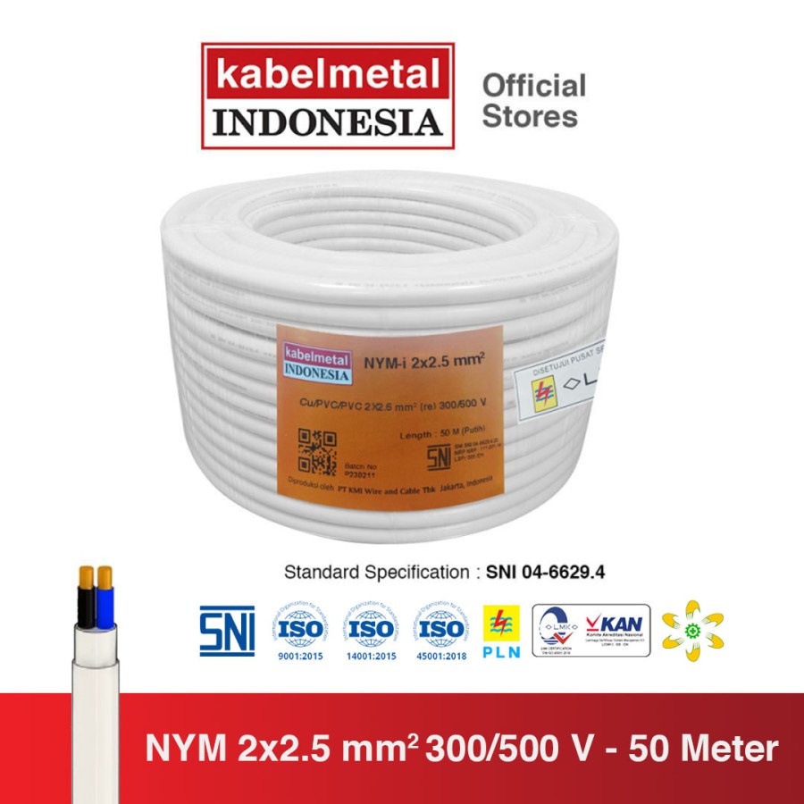Kabel NYM 2x2.5 mm 50 Meter Roll kabelmetal INDONESIA - Kawat Tembaga Tunggal PVC Putih Listrik KMI 