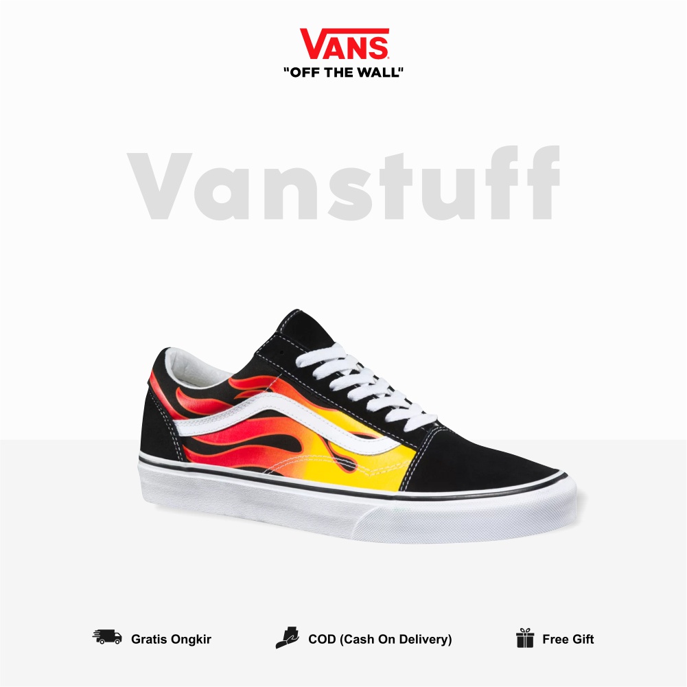 Vans Old Skool Classic Flame Black True White White Pria Wanita Original 100 BNIB Globat Market Authentic Guarated Vanss Ori Ols School Item Putih