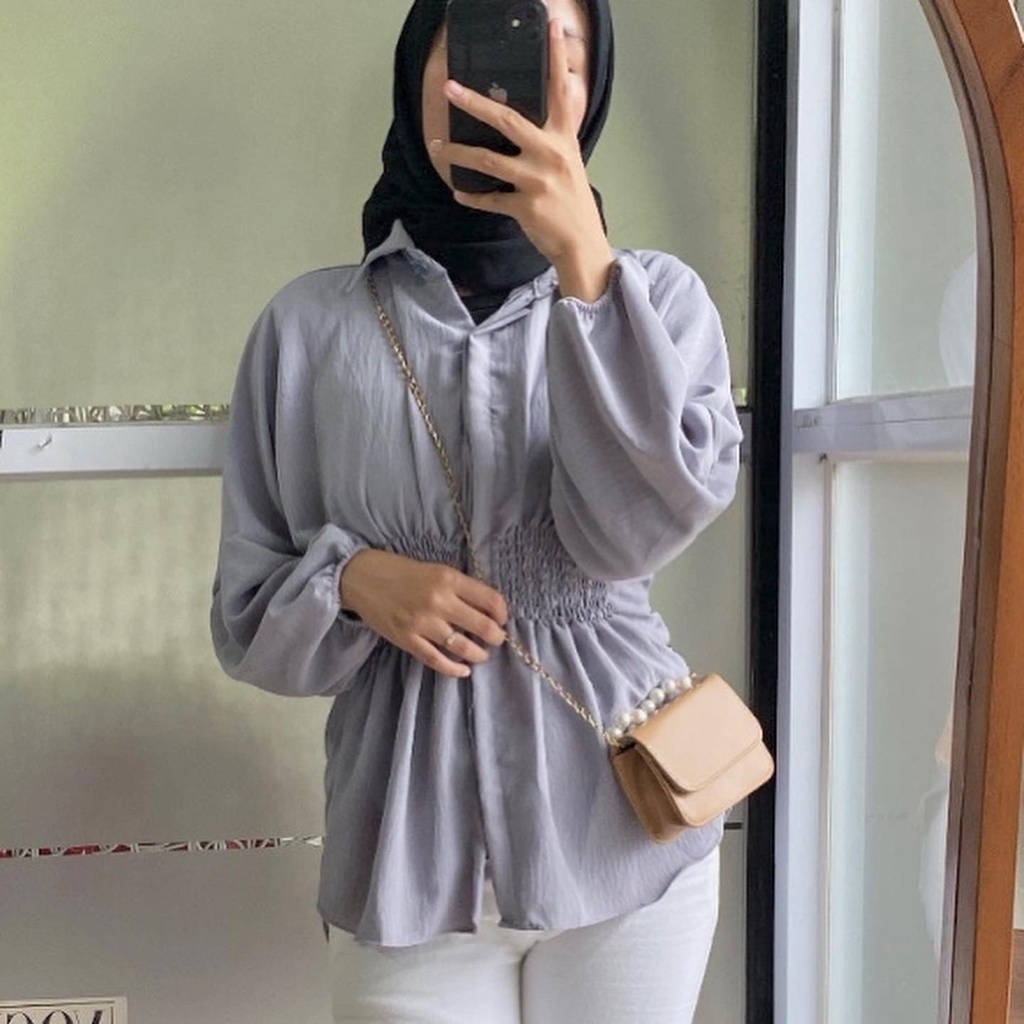 Kemeja Blouse Crinkle Airflow Wanita Lengan Balon Kerut Perut Bw06