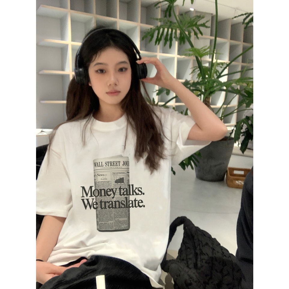 Baju Kaos Wanita Vintage Newspaper Motif Printed Lengan Pendek Oversize Import Kekinian Korean Style kemeja Putih