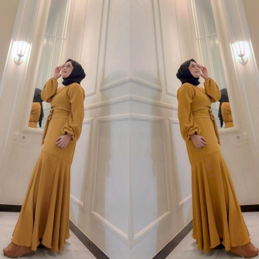 ilook | Andini Gamis Lebaran 2023 Sleting Depan Busui Friendly Tali Pinggang Lengan Karet Crinkle