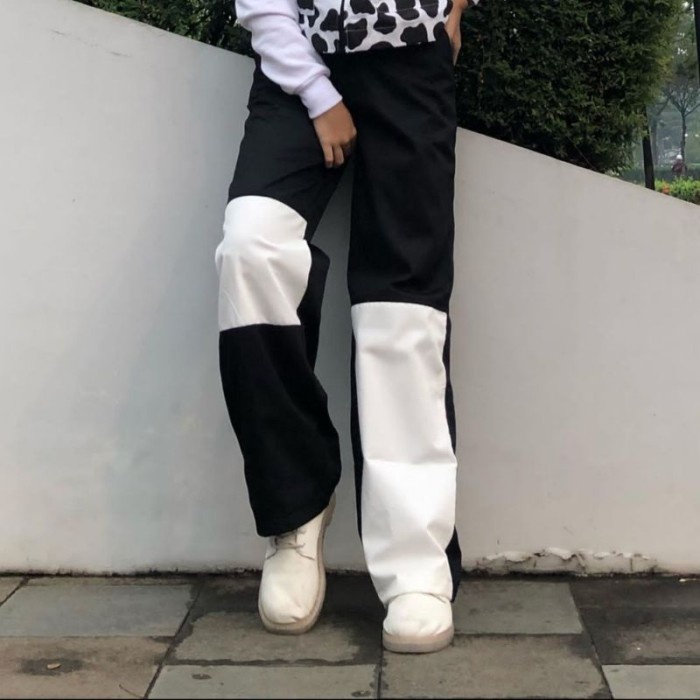 Wanita Celana Style Celana Wanita Monokrom Cargo Panjang KekinianKorea