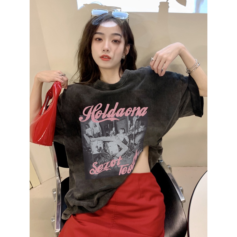 EUNII T-shirt Lengan Pendek Black Washed Retro Pink English Design Printing Korean Style/Kaos Atasan Wanita/Baju Wanita