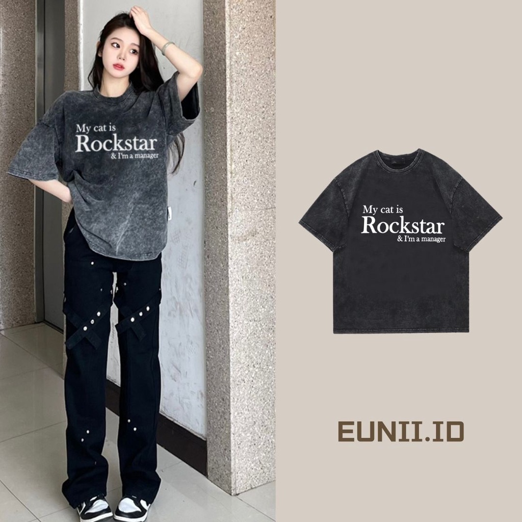 EUNII T-shirt Lengan Pendek Black Washed Putih English Design Printing Korean Style/Kaos Atasan Wanita/Baju Wanita