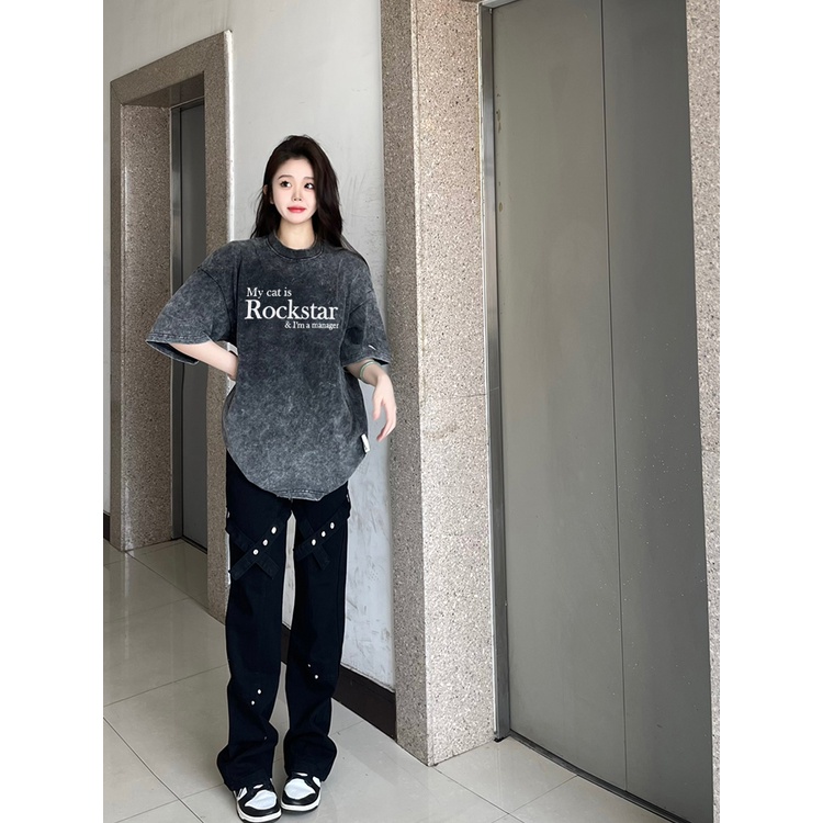 EUNII T-shirt Lengan Pendek Black Washed Putih English Design Printing Korean Style/Kaos Atasan Wanita/Baju Wanita