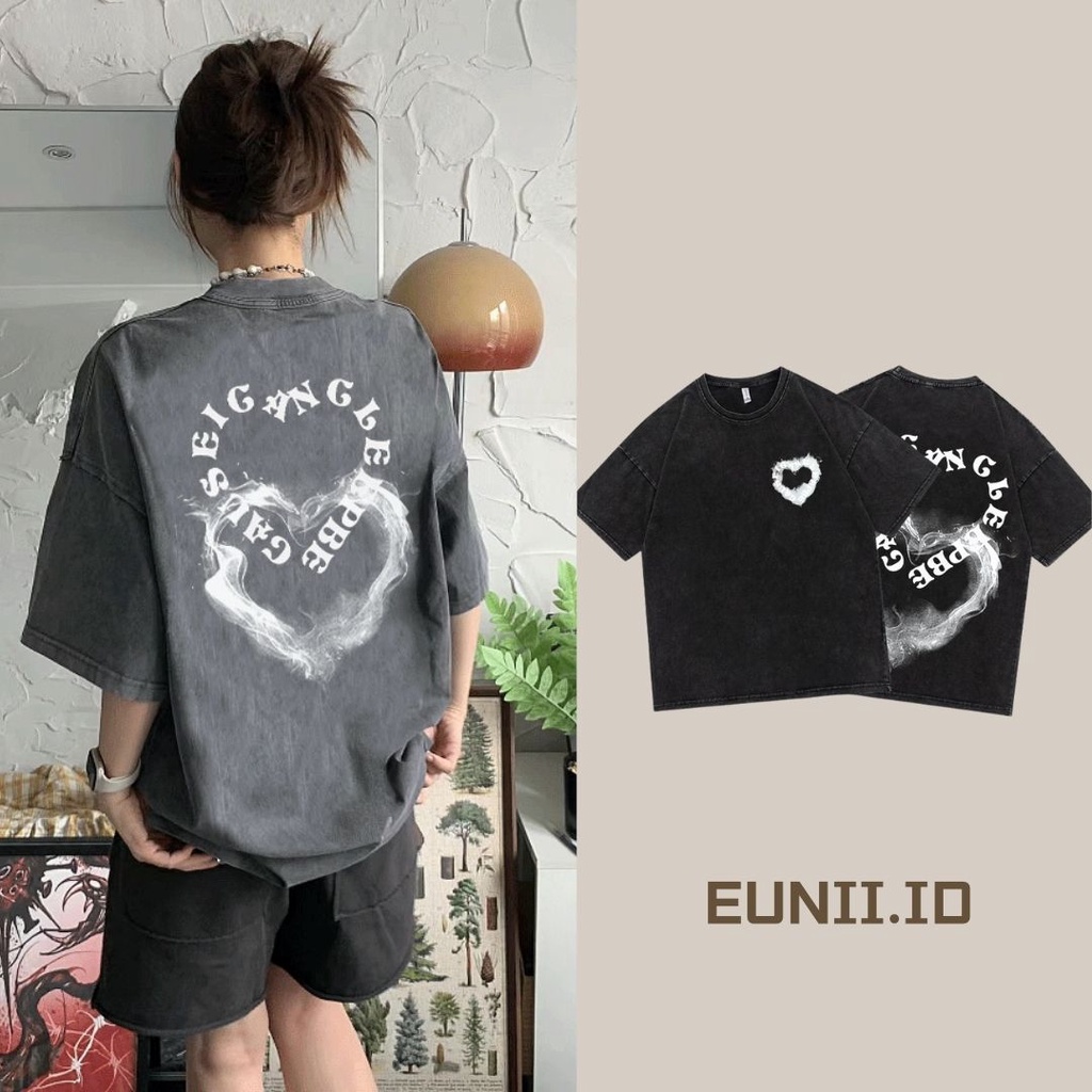 EUNII T-shirt Lengan Pendek Black Washed Vintage Love Ink Printing Korean Style/Kaos Atasan Wanita/Baju Wanita