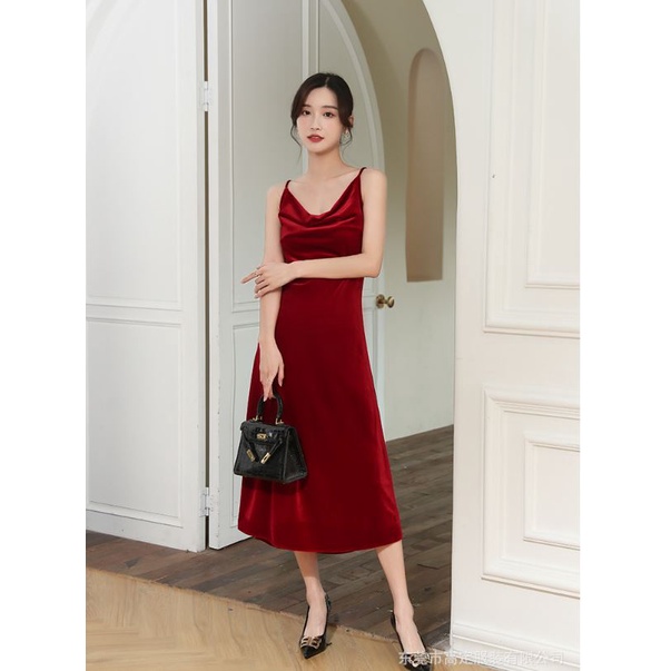 RSB DR380 Korean Velvet V Neck Long Dress Wanita Beludru