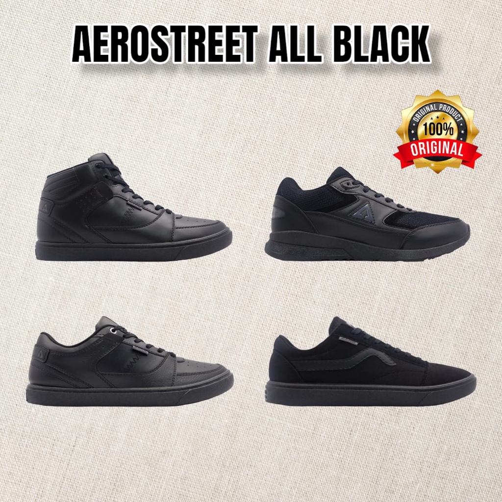Sepatu Aerostreet Full Hitam 39-44 // Sepatu Sneakers Casual Sekolah Murah Bagus