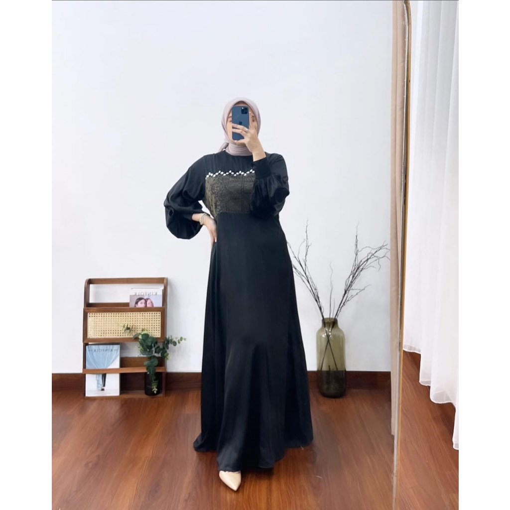 SYAHNAZ GAMIS LEBARAN KOMBINASI BROKAT MAXI DRESS WANITA SATIN SILK PREMIUM (MGA)