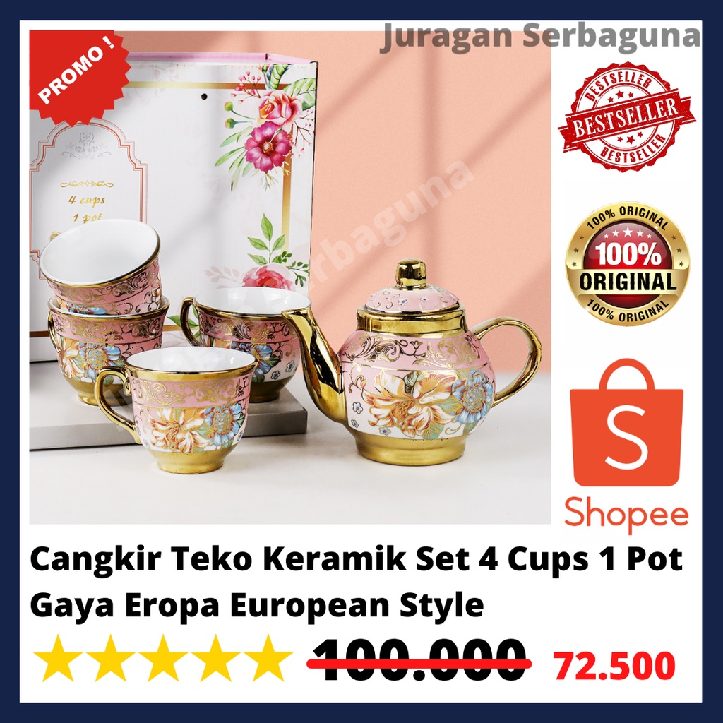 Cangkir Teko Keramik Set 4 Cups 1 Pot Gaya Eropa European Style