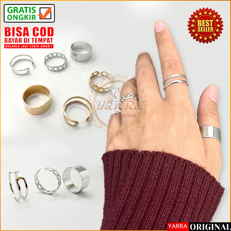 Cincin Titanium Wanita Korea Emas Silver Aksesoris Perhiasan 1 Set 3 Pcs Bulat Elegant CNC16
