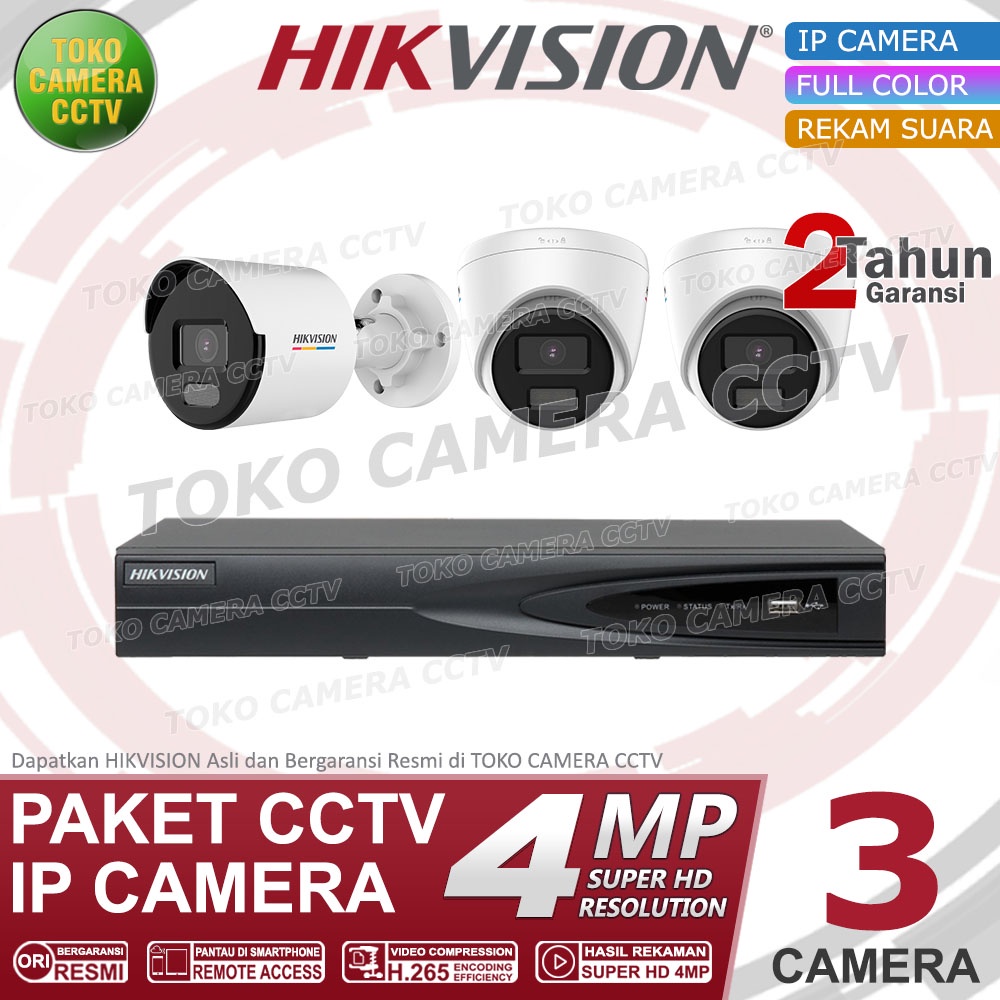 PAKET CCTV IP CAMERA HIKVISION 4MP COLORVU AUDIO 4 CHANNEL 3 KAMERA