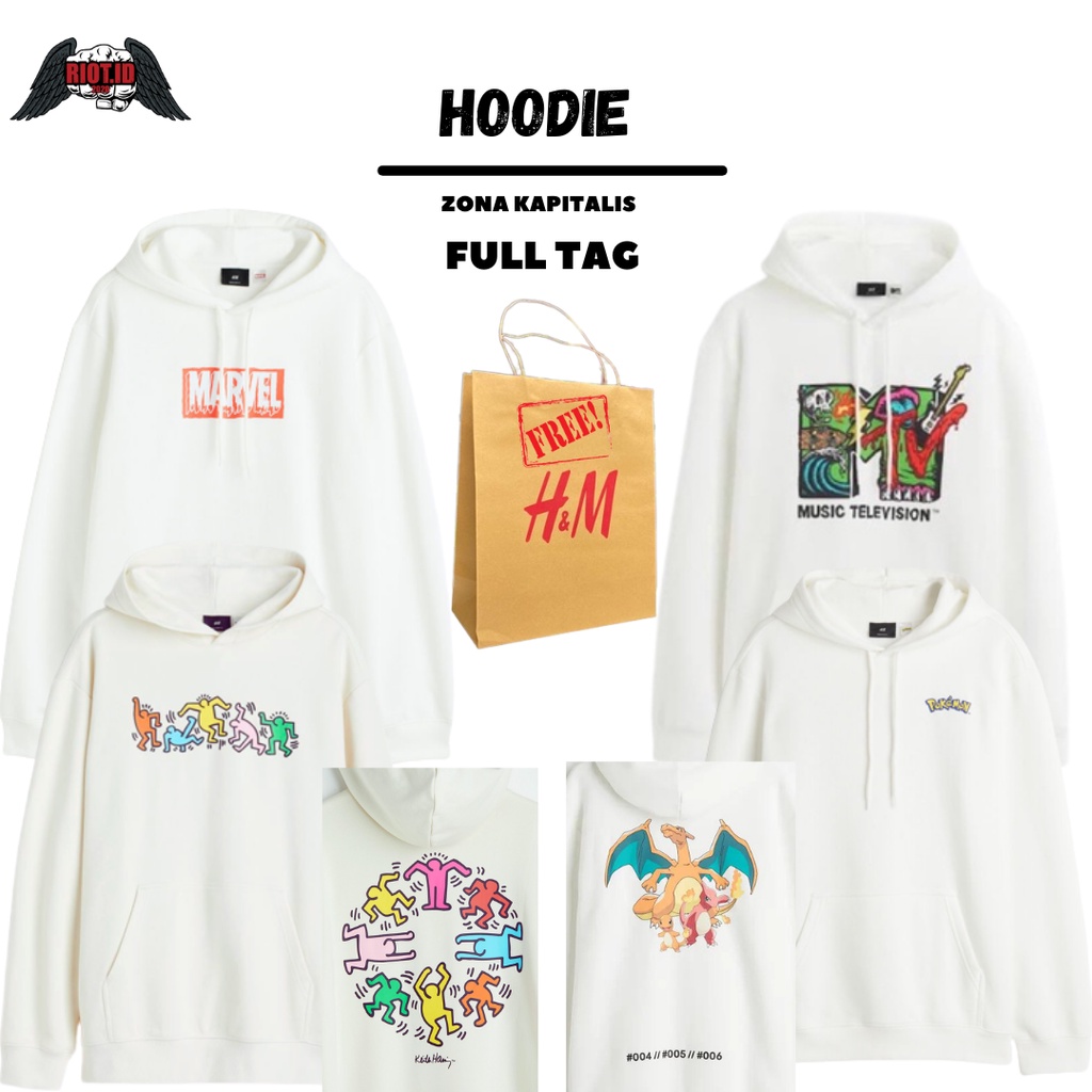 (3.3) Hoodie HM Marvel MTV Keithering Pokemon Putih FREE PAPAER BAG Full Tag Jaket Crewneck Sweater 