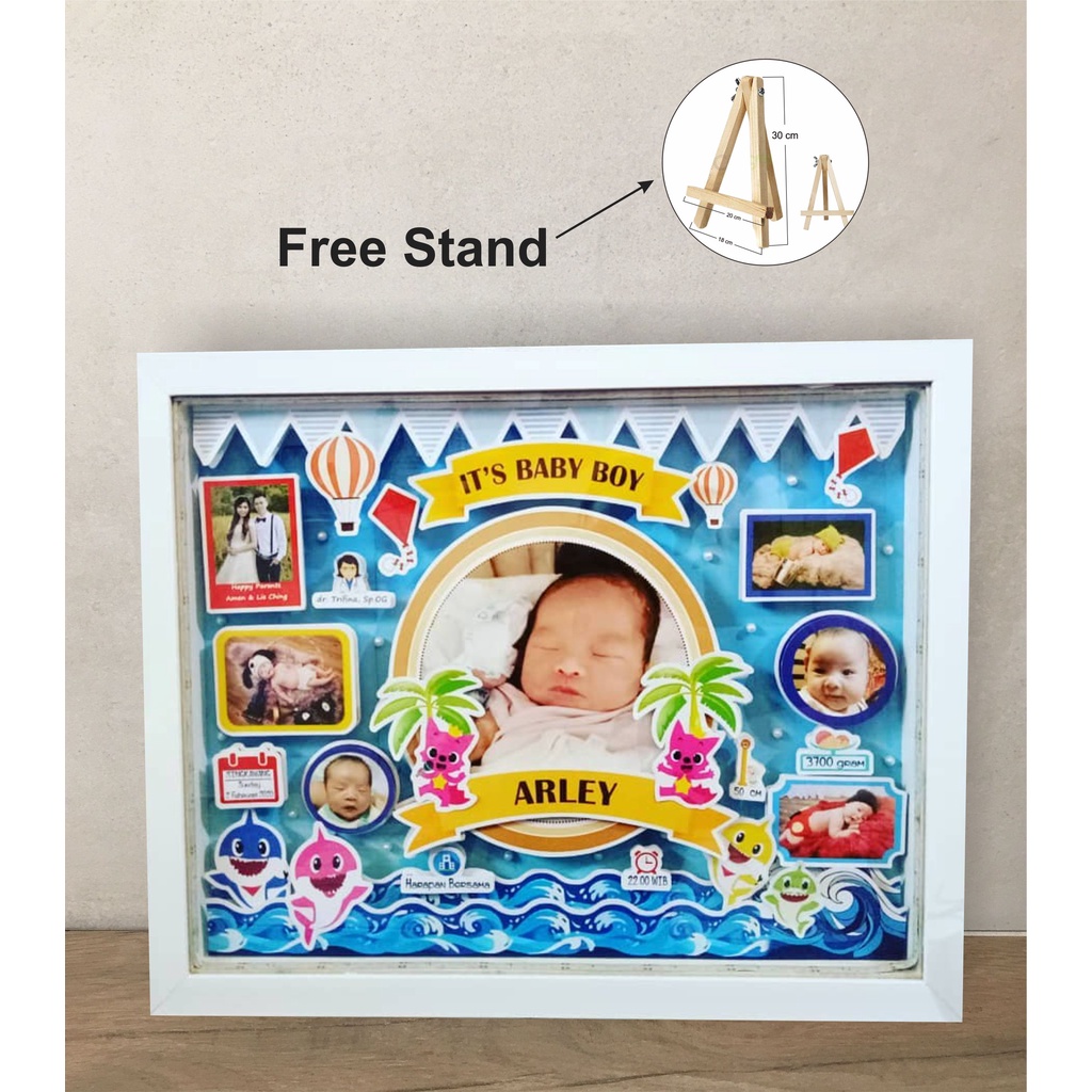 Kado Unik Pigura Biodata Bayi 3D Frame Pop Up ( Baby shark Theme )
