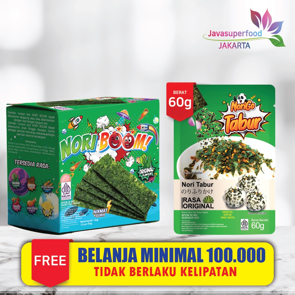 NoriBoom (1 DUS ISI 60 PCS) / Nori Sachet Seaweed Snack 3g Rumput Laut Halal Rasa Original