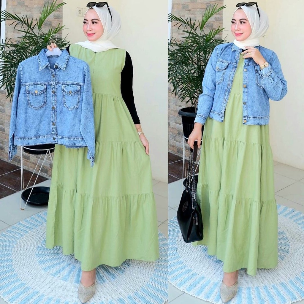 QF Gamis Rompi Jeans polos / gamis lebaran / gamis murah / gamis wanita / gamis terbaru / gamis jean