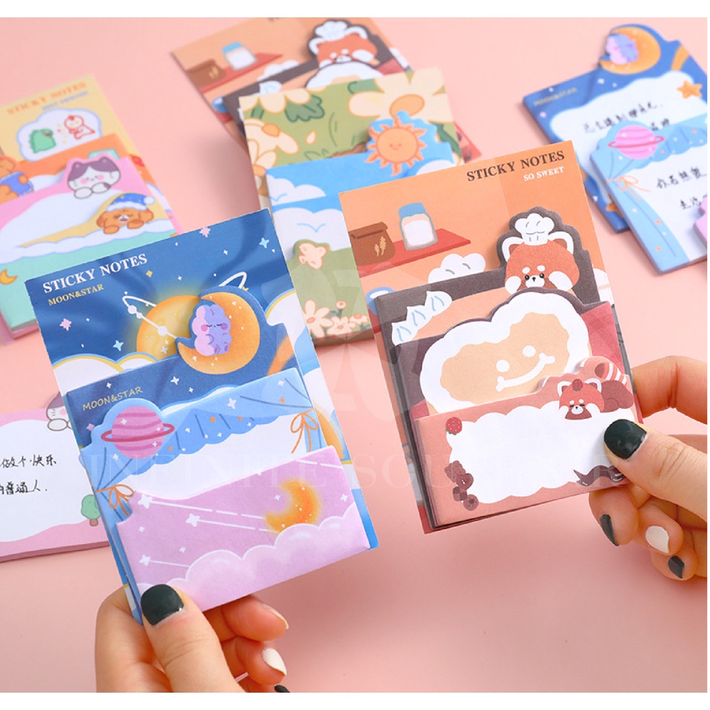 Sticky Notes 3in1 / Stick Note / Stick Maker / Kertas Memo Gambar Karakter Lucu Warna - Warni / Memo Tempel / Pembatas Buku Karakter Isi 90 Lembar