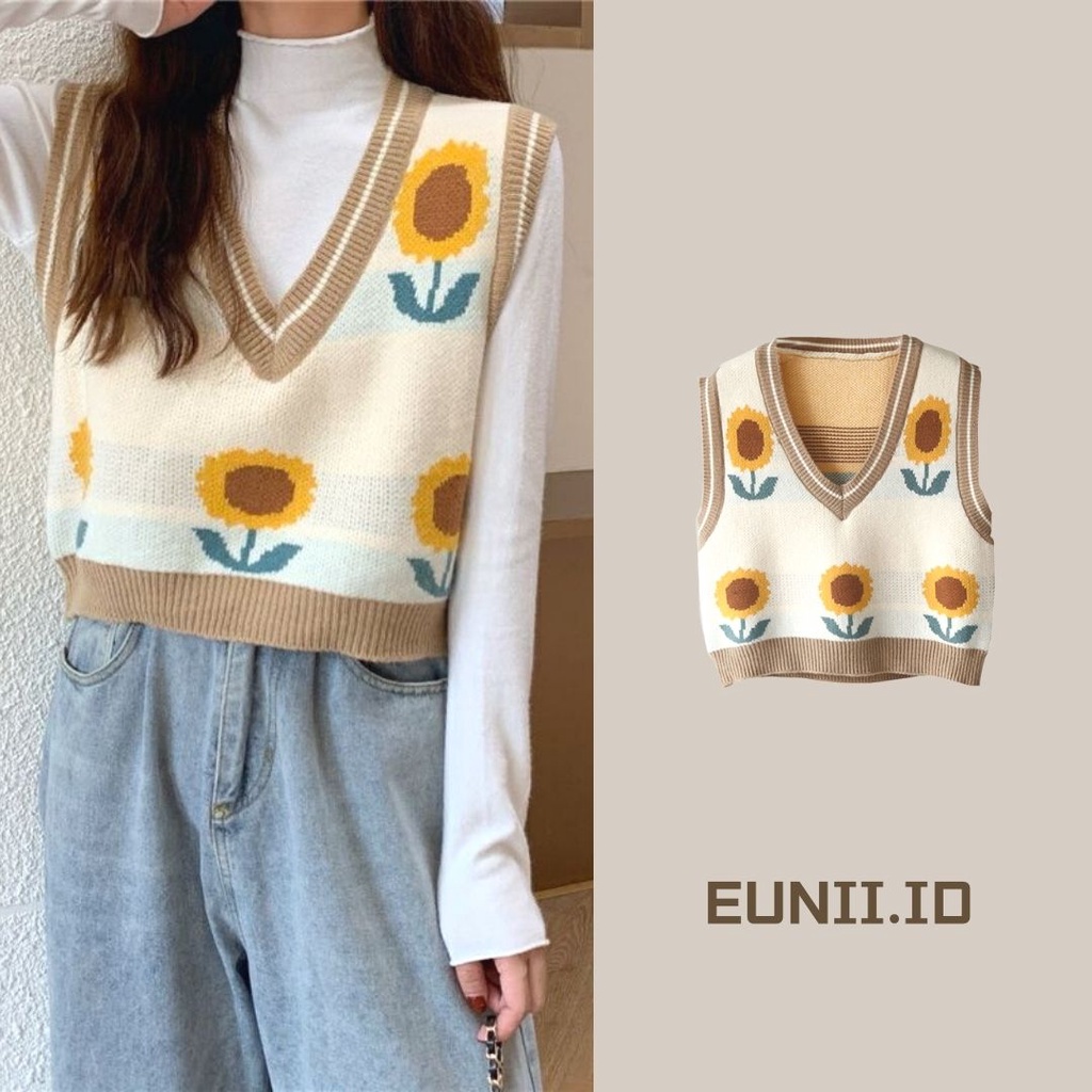 EUNII Korean Style Rompi Rajut Wanita V-neck Knit Vest Atasan Wanita