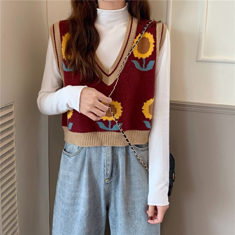 EUNII Korean Style Rompi Rajut Wanita V-neck Knit Vest Atasan Wanita