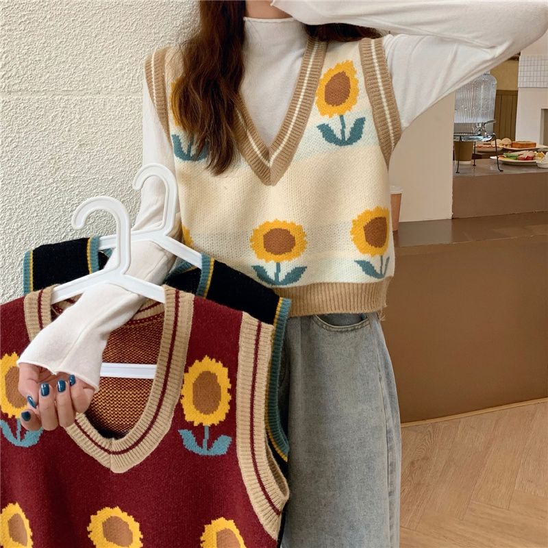 EUNII Korean Style Rompi Rajut Wanita V-neck Knit Vest Atasan Wanita