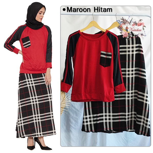 Setelan Cewek Kekinian Atasan Babyterry dan Rok Bubble Crepe / Fashion Set Baju Muslim Wanita Rok Tartan Kotak-Kotak Kaos Lengan Panjang Fit XL