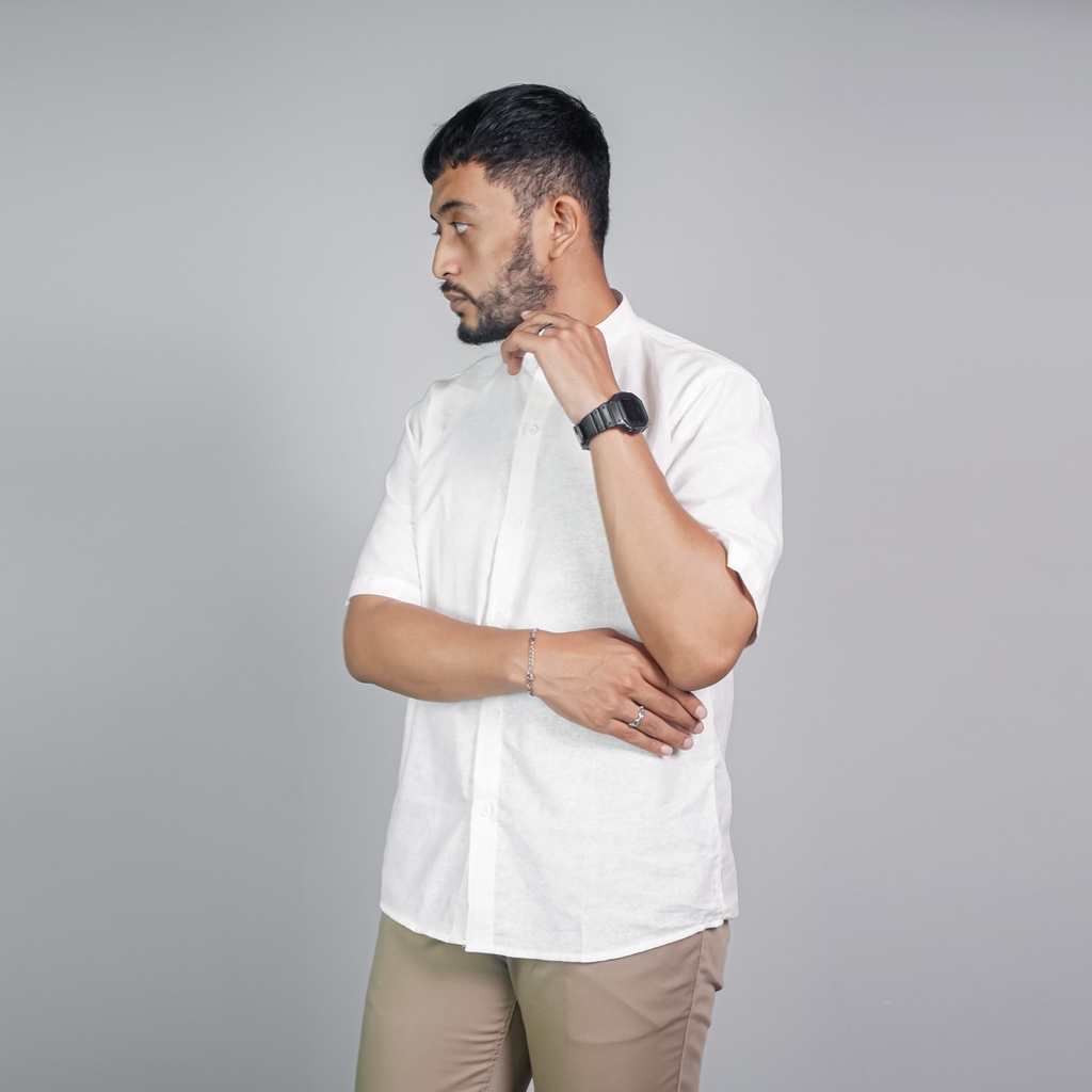 Kemeja Linen Pria Kerah Shanghai Lengan Pendek