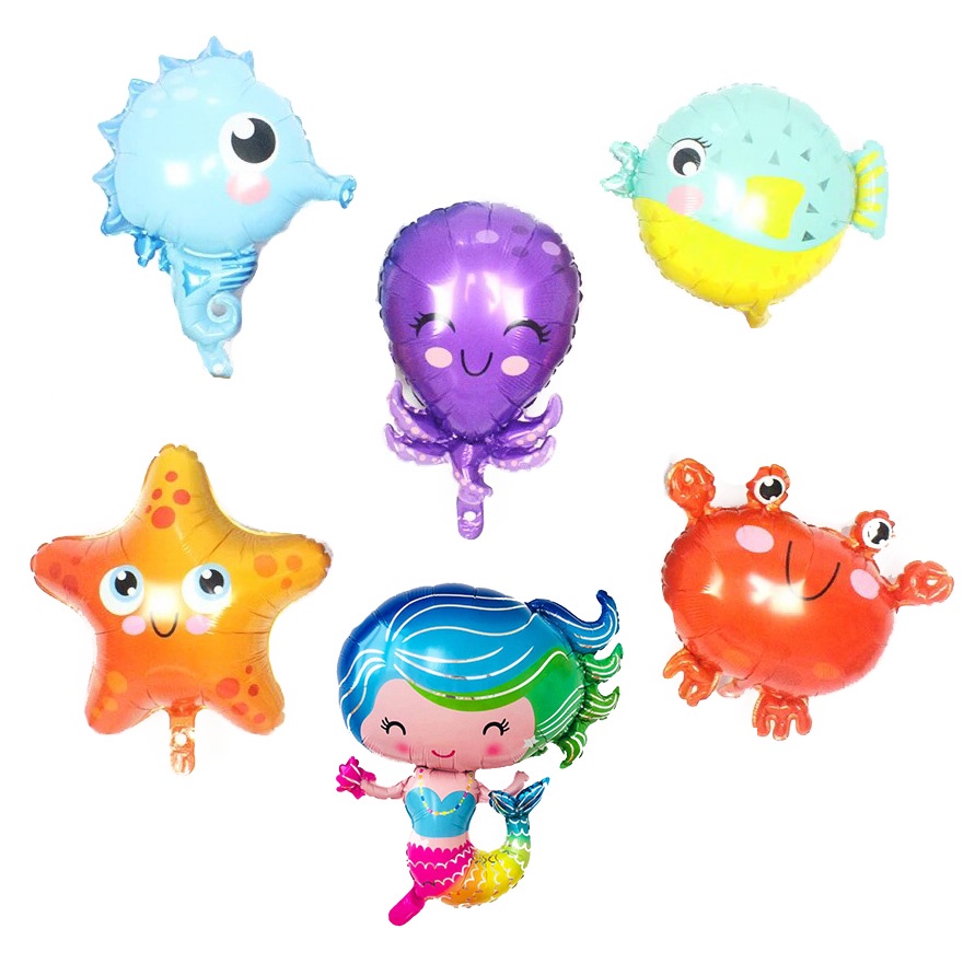 Balon Foil Karakter Hewan Laut Ikan 3D Ukuran Sedang Motif Mermaid Putri Duyung Kepiting Buntal Guri