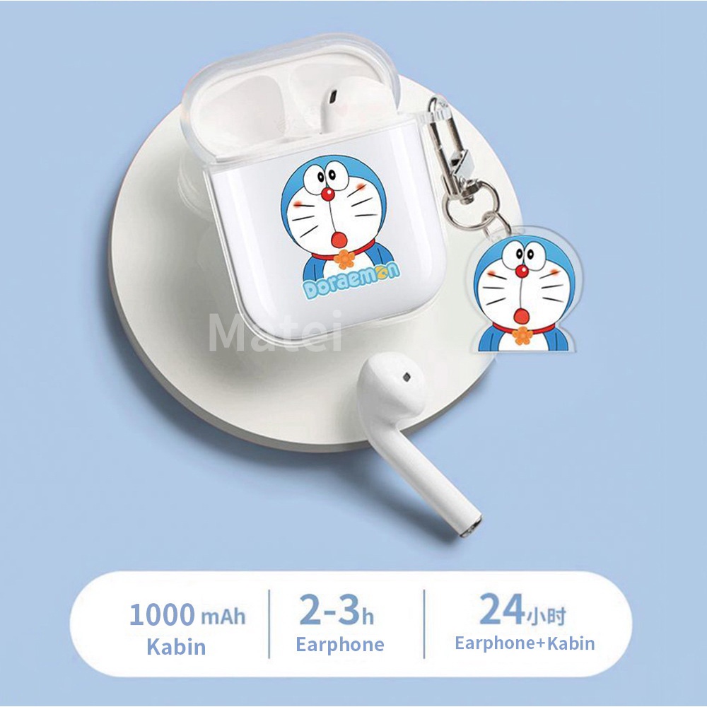 Matei Headset Bluetooth 5.0 Earphone TWS i12 Wireles Inpods Kartun Silicone Transparan Case doraemon