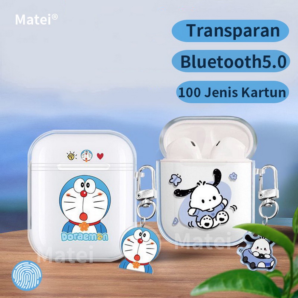Matei Headset Bluetooth 5.0 Earphone TWS i12 Wireles Inpods Kartun Silicone Transparan Case doraemon