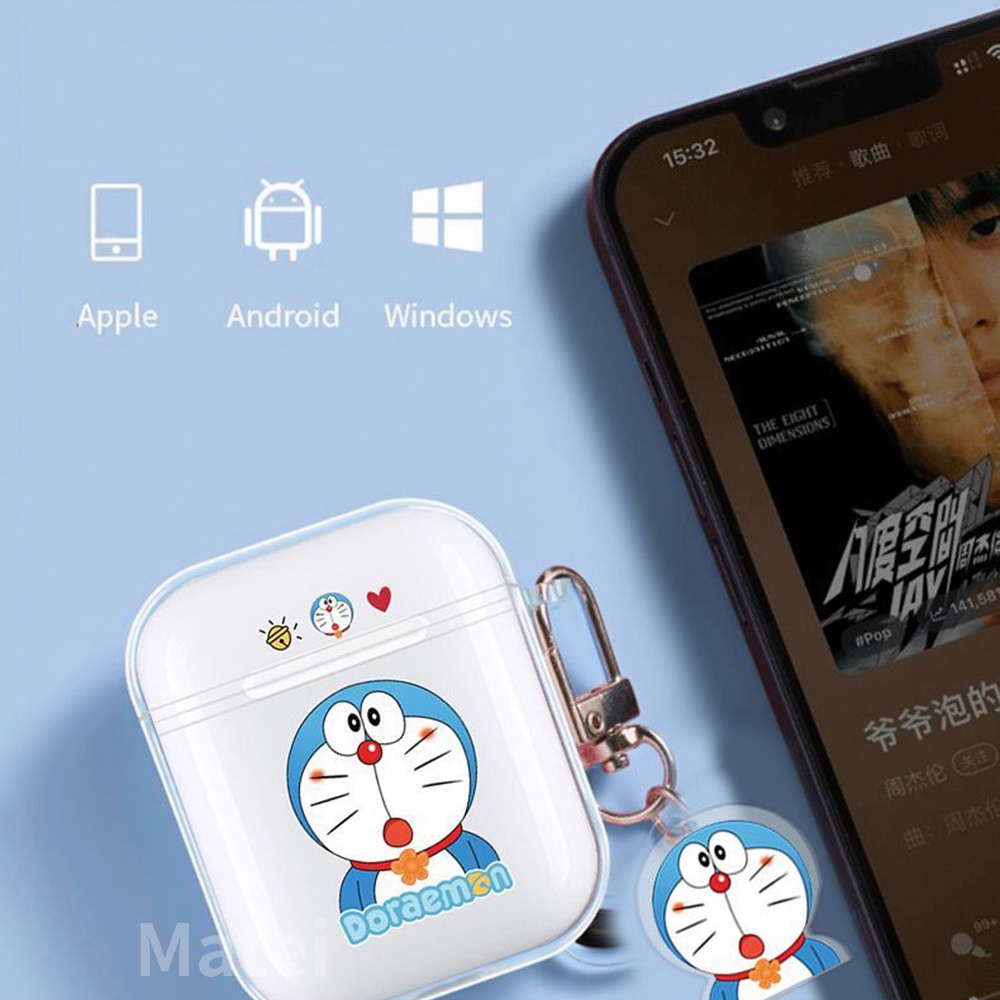 Matei Headset Bluetooth 5.0 Earphone TWS i12 Wireles Inpods Kartun Silicone Transparan Case doraemon