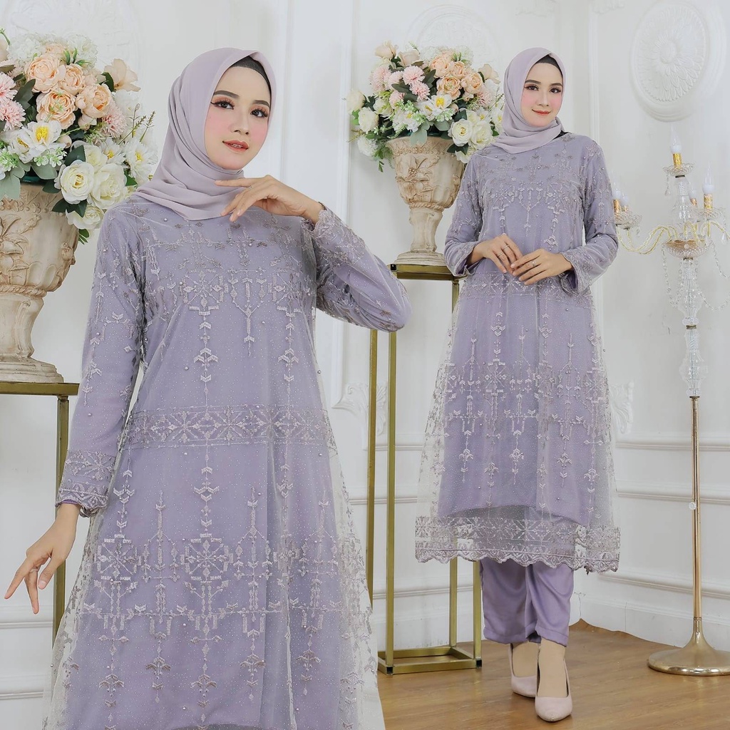 ELDE 9 - Set Aster ( L - XL - XXL ) Stelan Atasan Bahan Brukat Mutiara Premium Lapis Furing + Celana Bahan Moscrepe Pinggang Karet Keliling