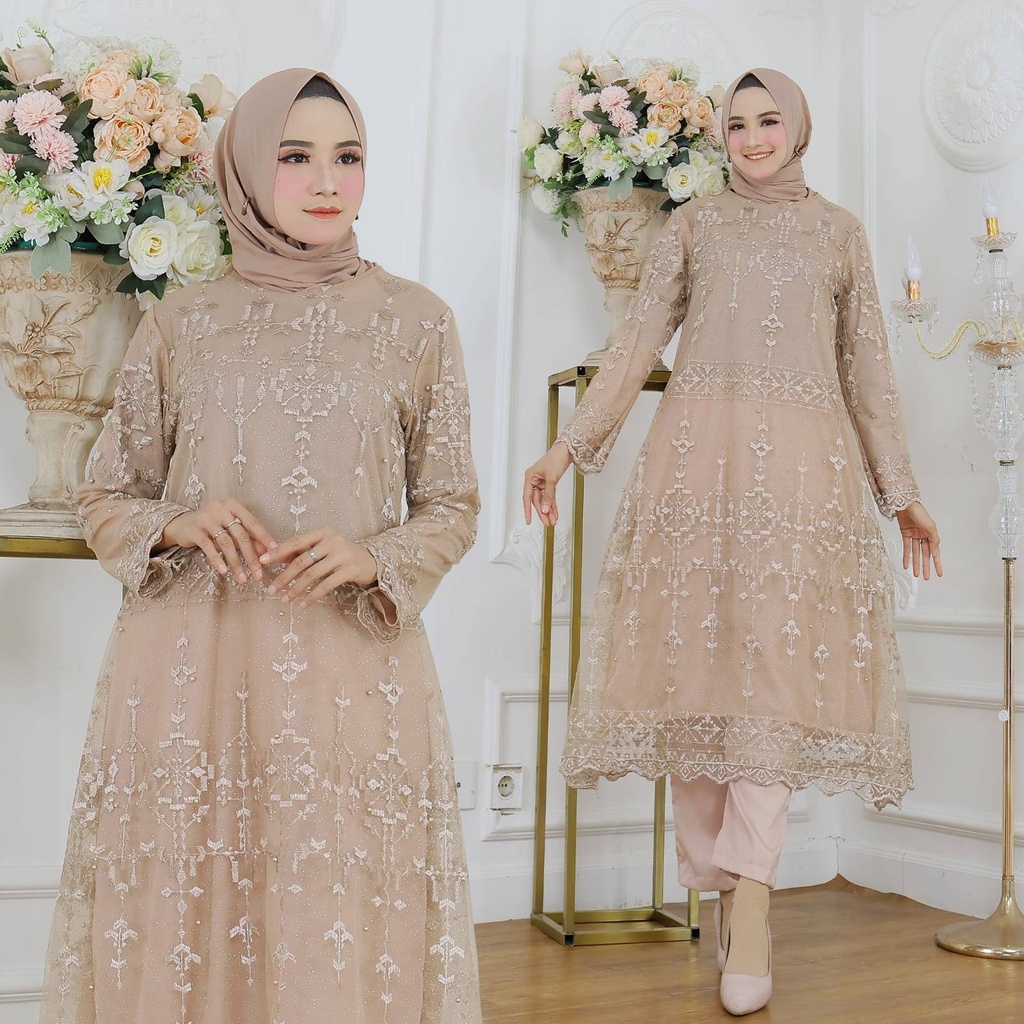 ELDE 9 - Set Aster ( L - XL - XXL ) Stelan Atasan Bahan Brukat Mutiara Premium Lapis Furing + Celana Bahan Moscrepe Pinggang Karet Keliling