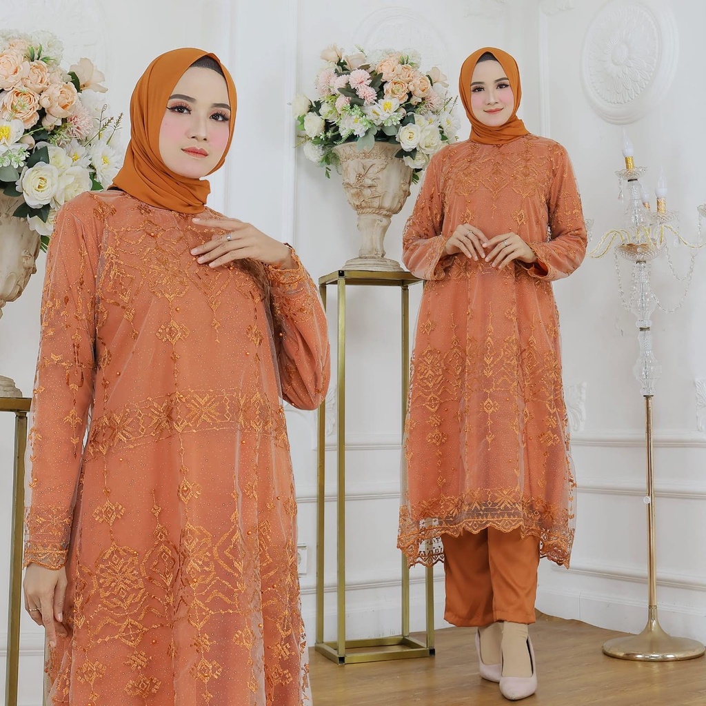 ELDE 9 - Set Aster ( L - XL - XXL ) Stelan Atasan Bahan Brukat Mutiara Premium Lapis Furing + Celana Bahan Moscrepe Pinggang Karet Keliling