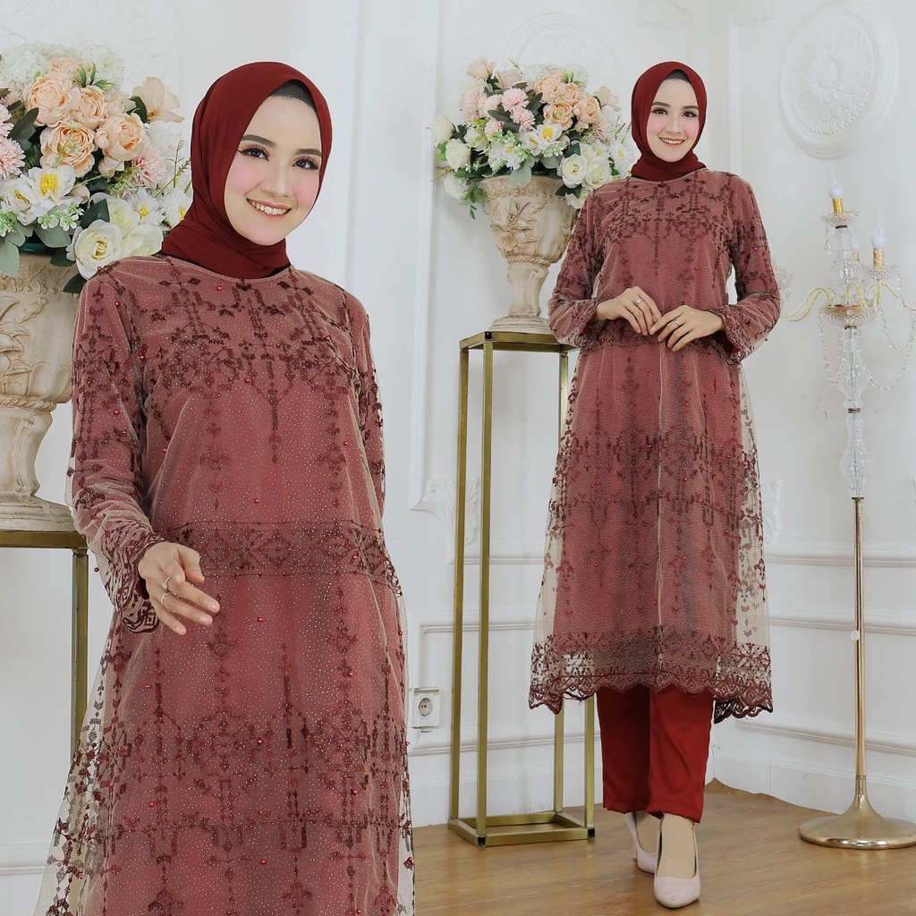 ELDE 9 - Set Aster ( L - XL - XXL ) Stelan Atasan Bahan Brukat Mutiara Premium Lapis Furing + Celana Bahan Moscrepe Pinggang Karet Keliling