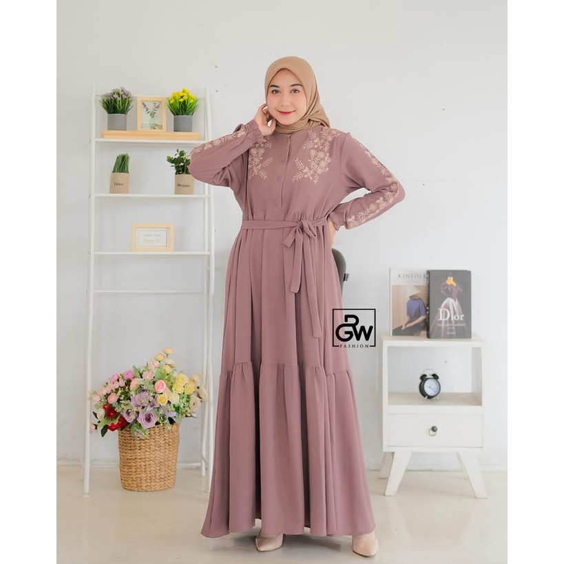 DRESS CRINGKLE BORDIR HANUM RGW BAJU GAMIS WANITA SIMPEL CANTIK KEKINIAN MODEL OOTD SYARI