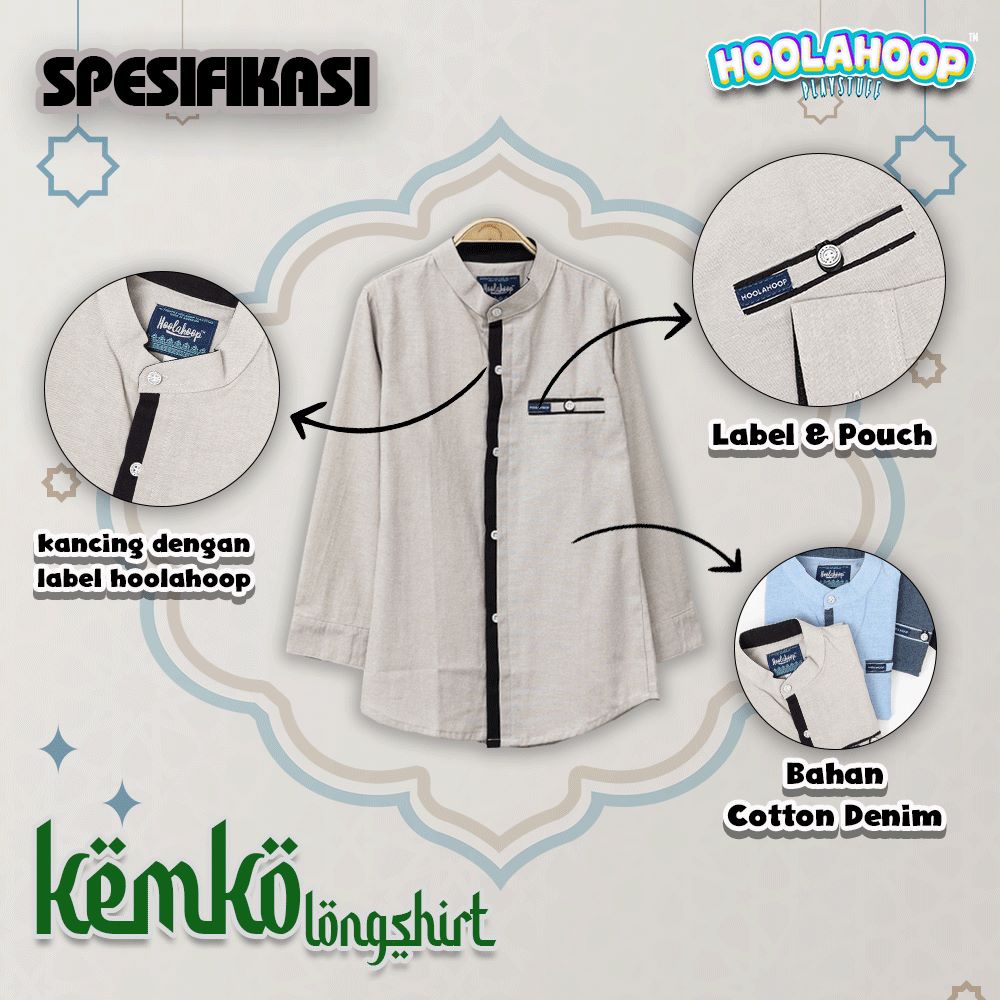 Hoolahoop Kemko Longshirt Series - Kemeja Koko Remaja Anak Laki Laki - Baju Lebaran Cowok Lakilaki Usia 8 10 12 14 16 Tahun